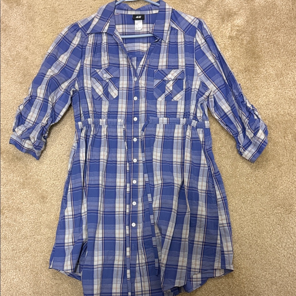 H&M Blue and White Plaid Shirt Dress